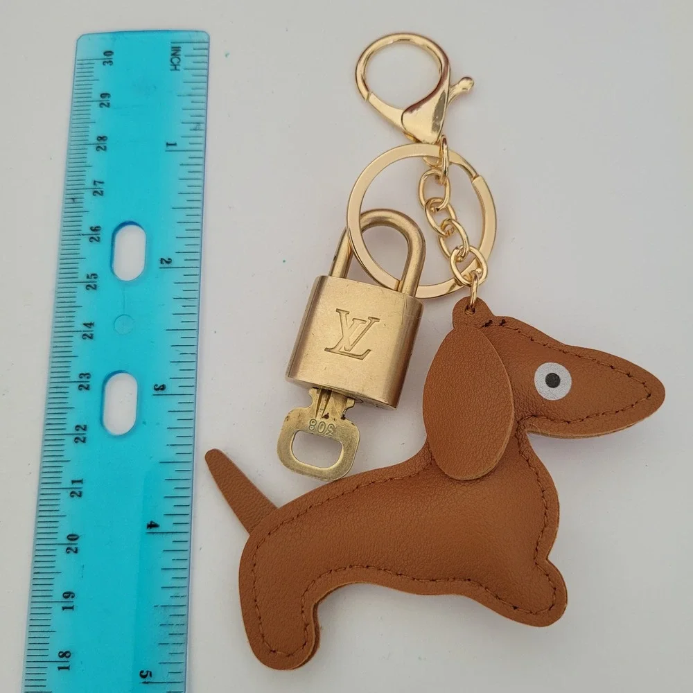 Louis Vuitton Padlock 308 & Leather Dachshund Dog Bag Charm Keychain Gold Brown